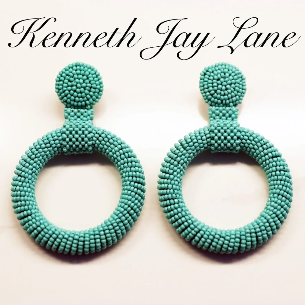 Kenneth Jay Lane Turquoise Seed Bead Hoop Earrings 🩵 NWT - Picture 4 of 15